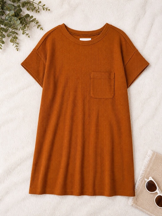 Madewell Dresses & Skirts - Madewell Ribbed Pocket Tee Dress Medium Rust Brown Short Sleeve Shift Dress